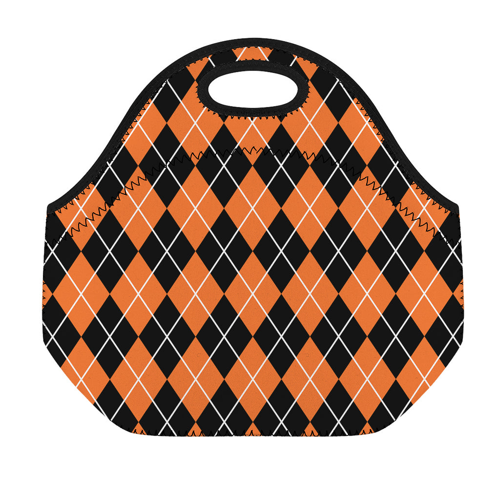 Orange And Black Argyle Print Neoprene Lunch Bag