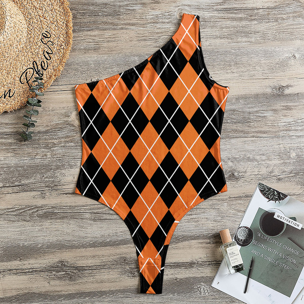 Orange And Black Argyle Print One Shoulder Bodysuit