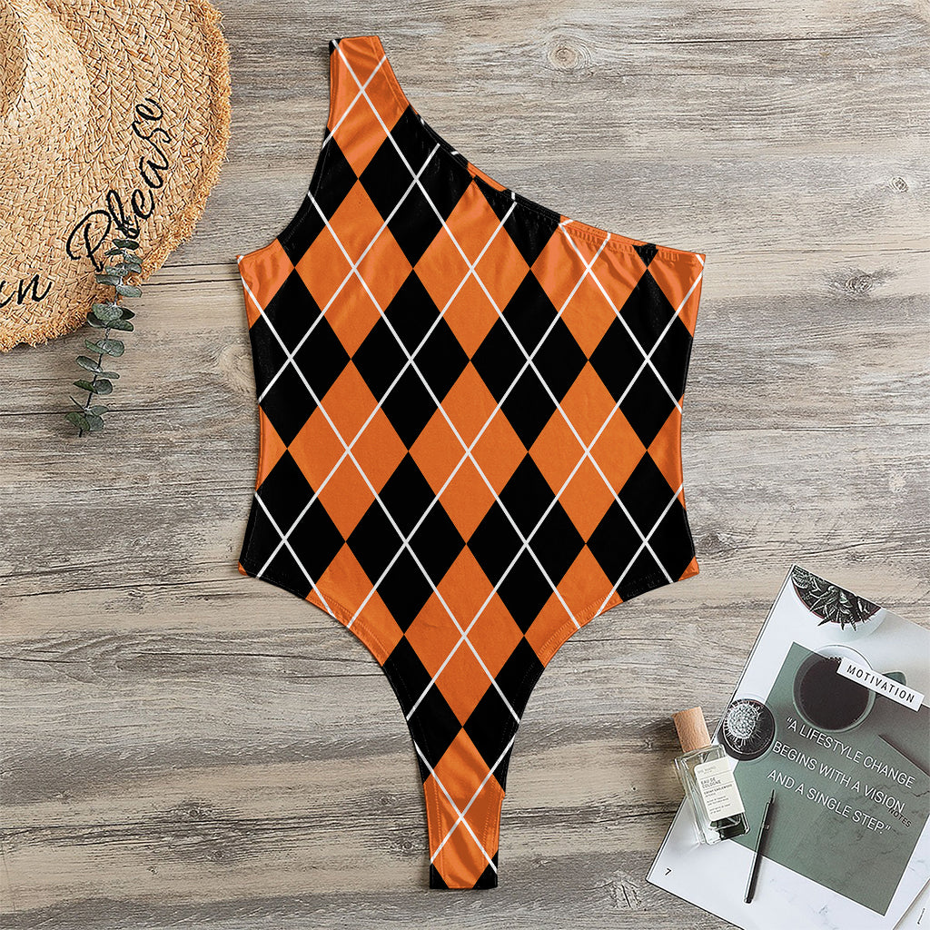 Orange And Black Argyle Print One Shoulder Bodysuit