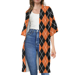 Orange And Black Argyle Print Open Front Beach Cover Up