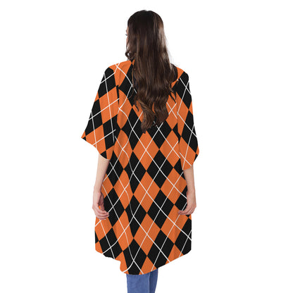 Orange And Black Argyle Print Open Front Beach Cover Up