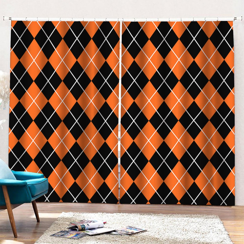 Orange And Black Argyle Print Pencil Pleat Curtains