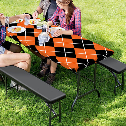 Orange And Black Argyle Print Picnic Table Cover
