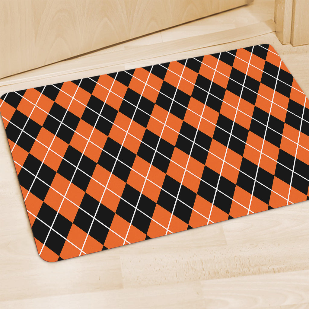 Orange And Black Argyle Print Polyester Doormat