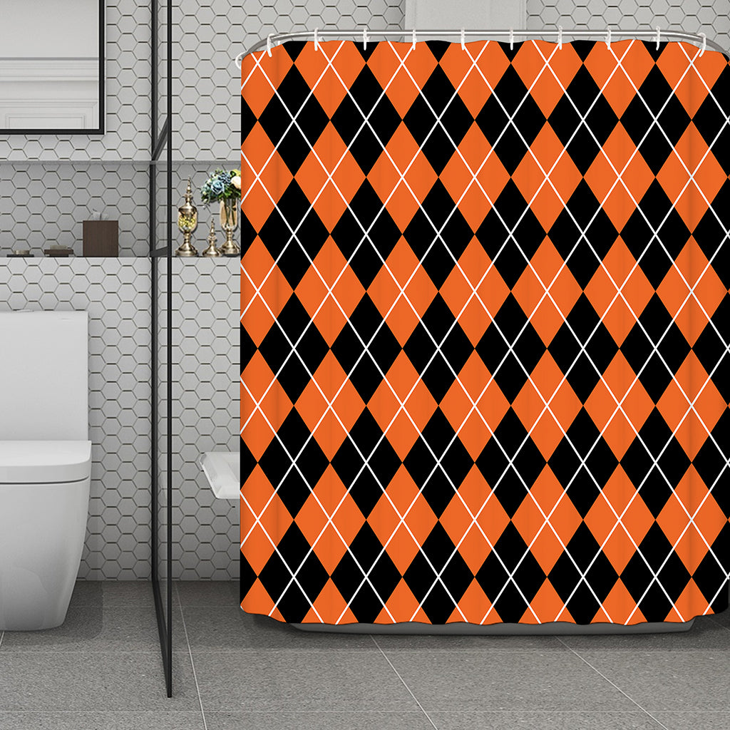 Orange And Black Argyle Print Polyester Shower Curtain