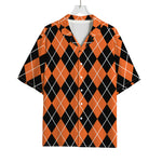 Orange And Black Argyle Print Rayon Hawaiian Shirt