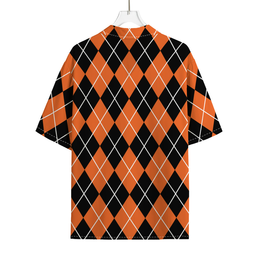 Orange And Black Argyle Print Rayon Hawaiian Shirt
