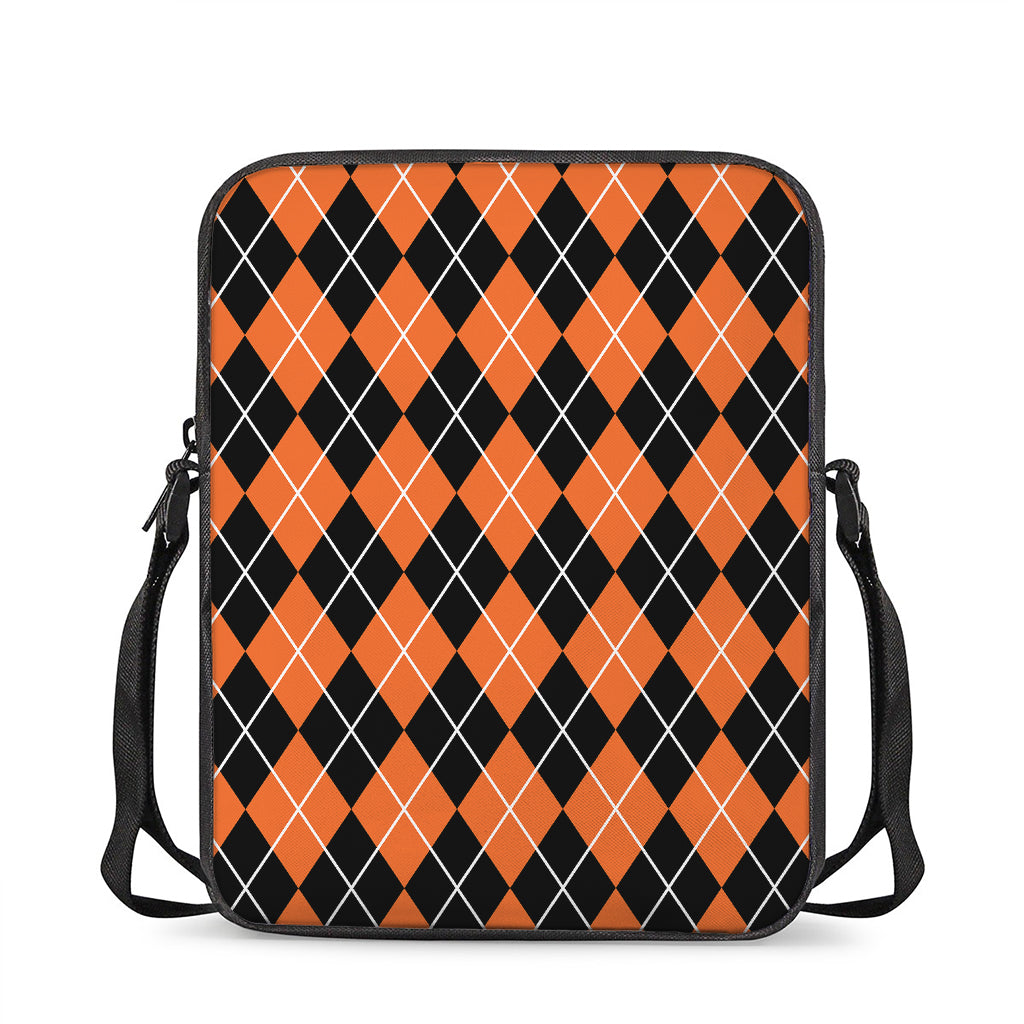 Orange And Black Argyle Print Rectangular Crossbody Bag