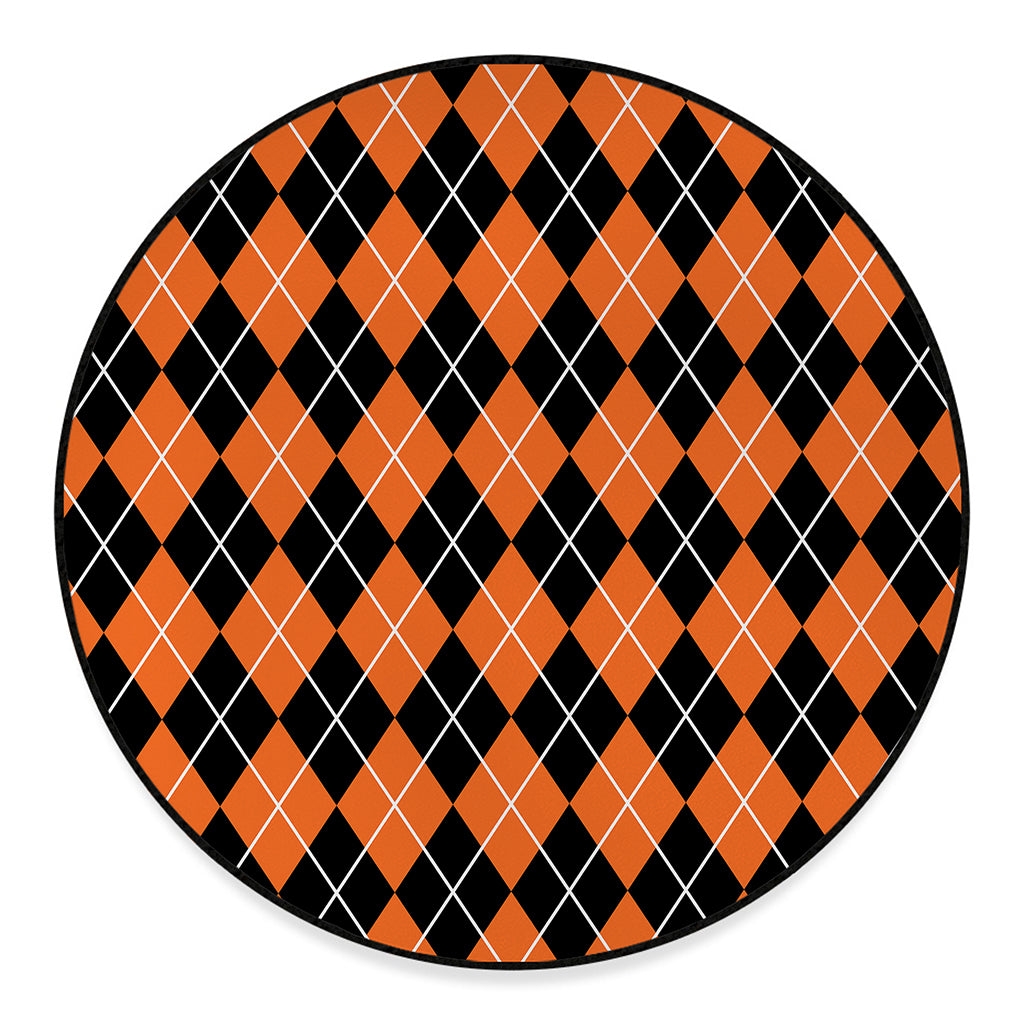 Orange And Black Argyle Print Round Floor Mat