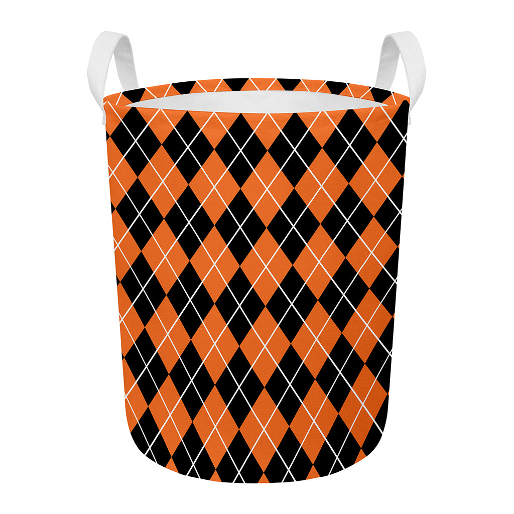 Orange And Black Argyle Print Round Laundry Basket
