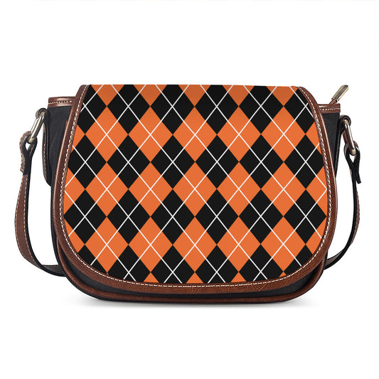 Orange And Black Argyle Print Saddle Bag