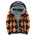 Orange And Black Argyle Print Sherpa Lined Zip Up Hoodie