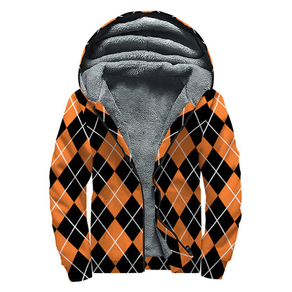 Orange And Black Argyle Print Sherpa Lined Zip Up Hoodie