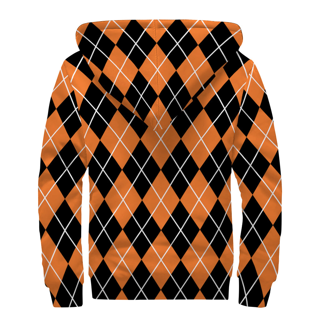Orange And Black Argyle Print Sherpa Lined Zip Up Hoodie