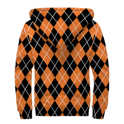 Orange And Black Argyle Print Sherpa Lined Zip Up Hoodie