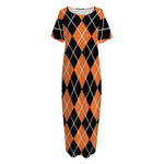 Orange And Black Argyle Print Short Sleeve Long Nightdress