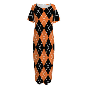 Orange And Black Argyle Print Short Sleeve Long Nightdress