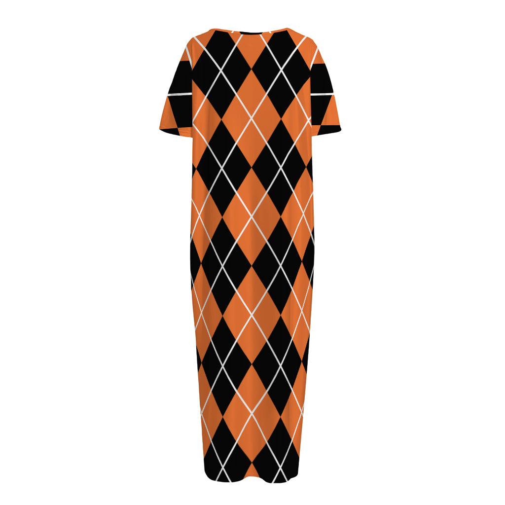 Orange And Black Argyle Print Short Sleeve Long Nightdress