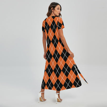 Orange And Black Argyle Print Short Sleeve Maxi Dress