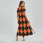 Orange And Black Argyle Print Short Sleeve Maxi Dress