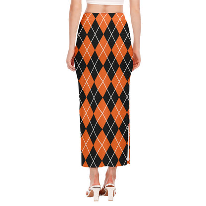 Orange And Black Argyle Print Side Slit Maxi Skirt