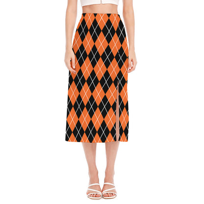 Orange And Black Argyle Print Side Slit Midi Skirt