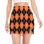 Orange And Black Argyle Print Side Slit Mini Skirt