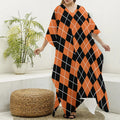 Orange And Black Argyle Print Silk V-Neck Kaftan Dress