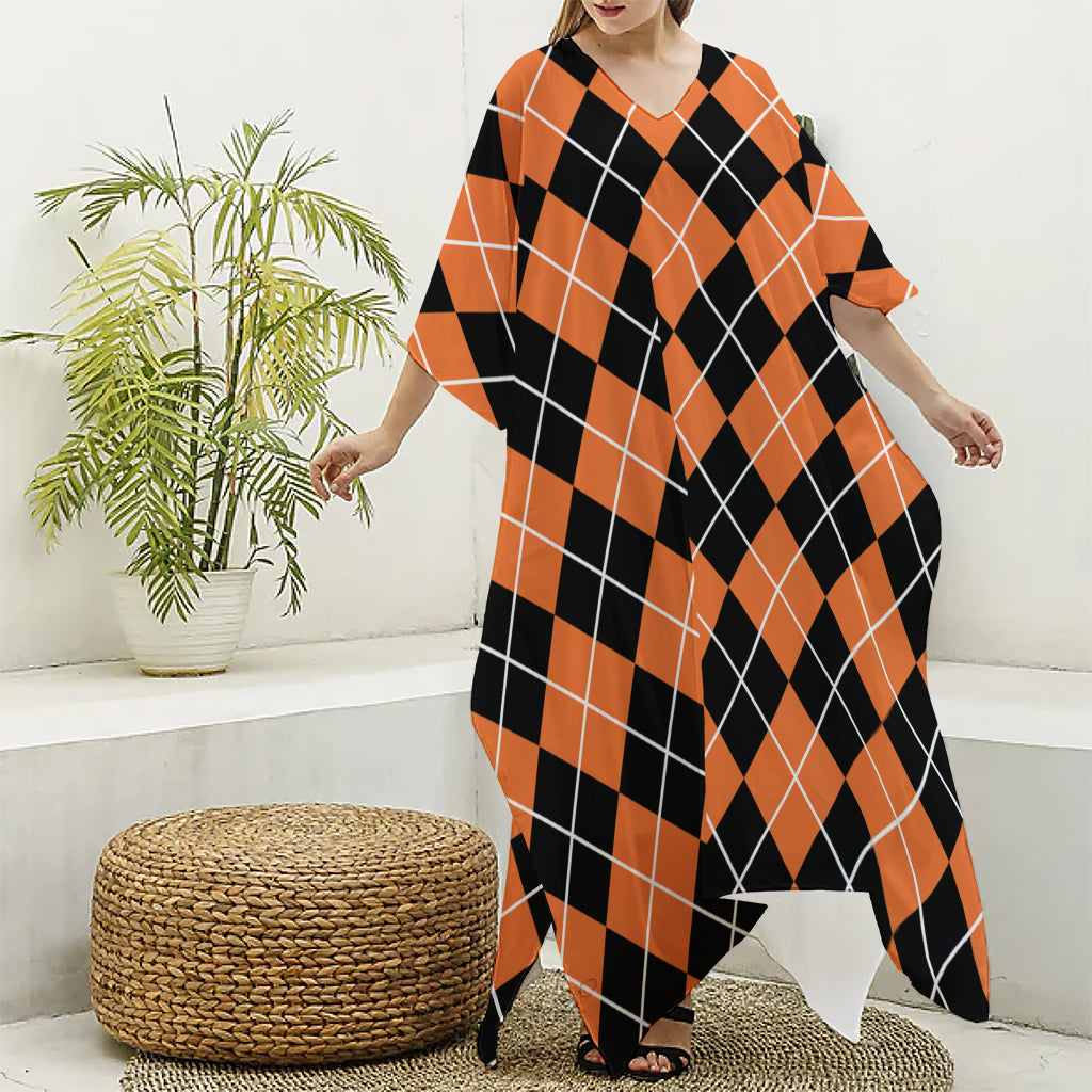 Orange And Black Argyle Print Silk V-Neck Kaftan Dress