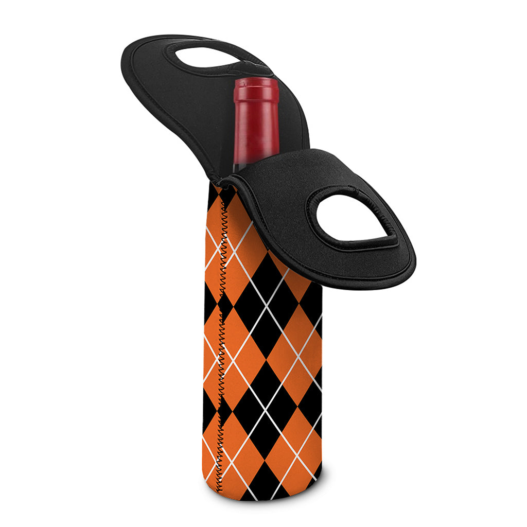 Orange And Black Argyle Print Single Neoprene Wine Tote