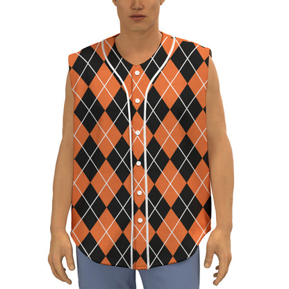 Orange And Black Argyle Print Sleeveless Baseball Jersey