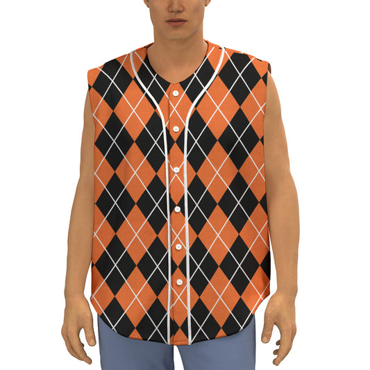 Orange And Black Argyle Print Sleeveless Baseball Jersey