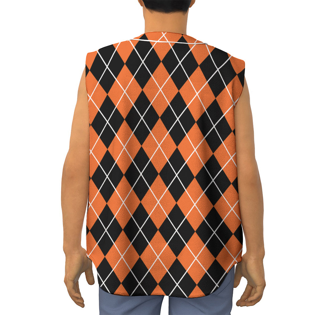 Orange And Black Argyle Print Sleeveless Baseball Jersey
