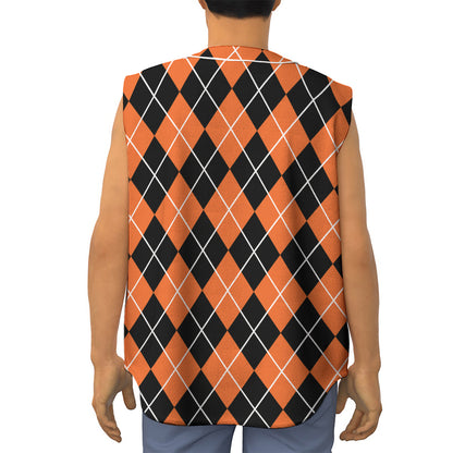 Orange And Black Argyle Print Sleeveless Baseball Jersey
