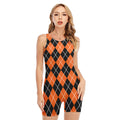 Orange And Black Argyle Print Sleeveless One Piece Swimsuit