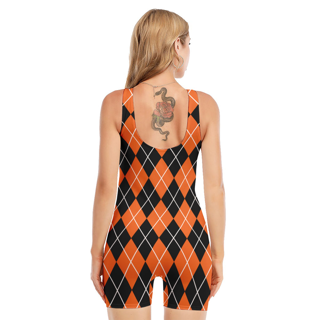Orange And Black Argyle Print Sleeveless One Piece Swimsuit
