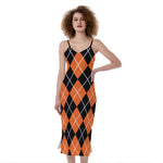 Orange And Black Argyle Print Slim Fit Midi Cami Dress
