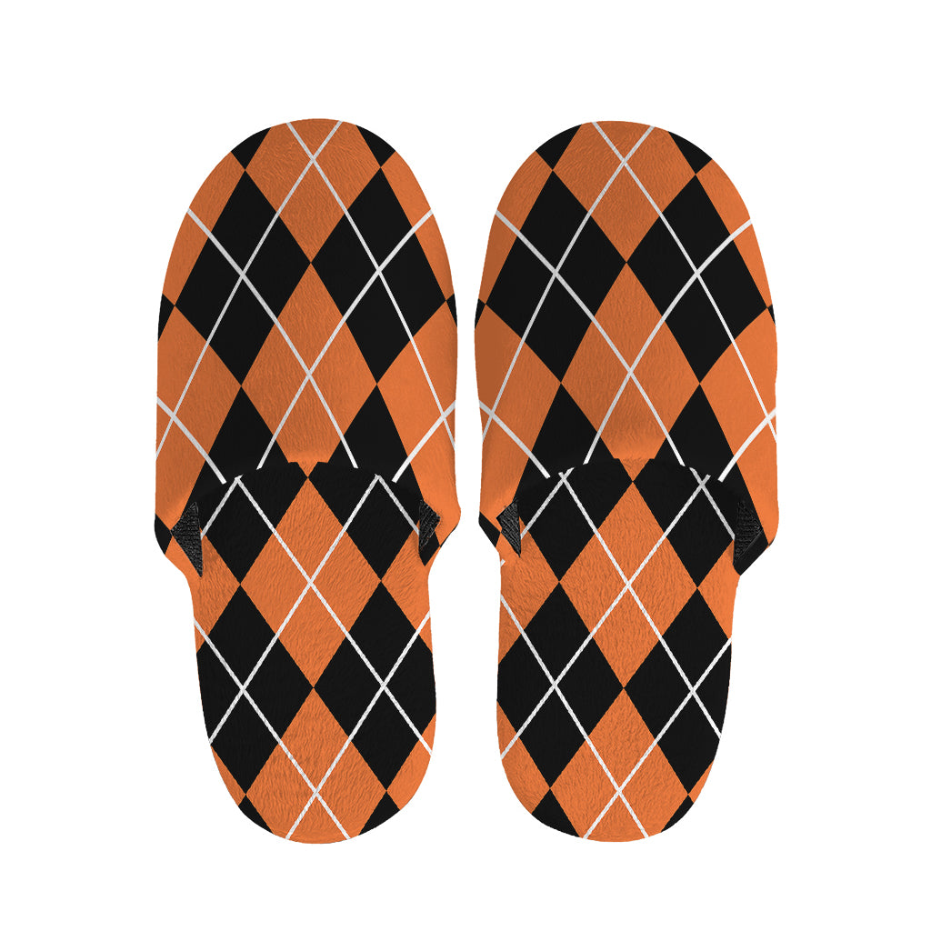 Orange And Black Argyle Print Slippers