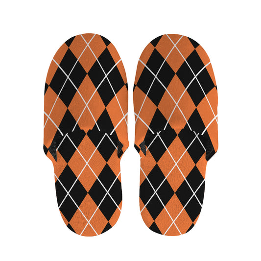 Orange And Black Argyle Print Slippers
