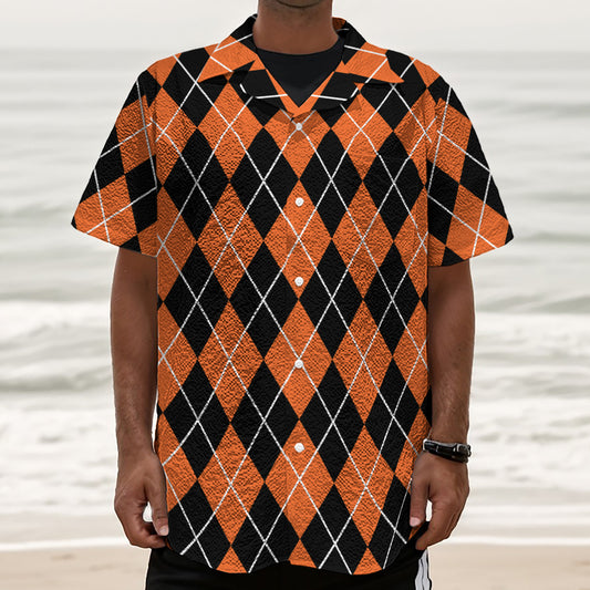 Orange And Black Argyle Print Textured Short Sleeve Shirt