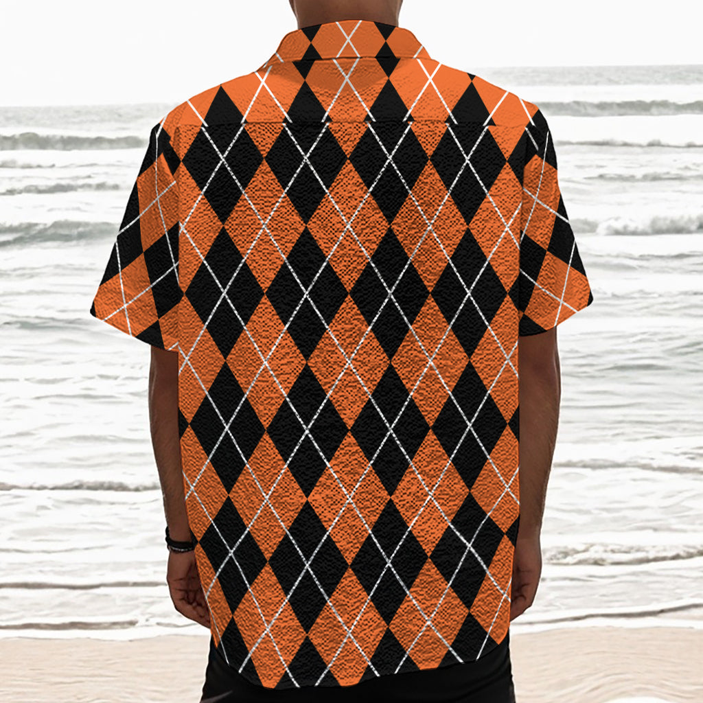 Orange And Black Argyle Print Textured Short Sleeve Shirt