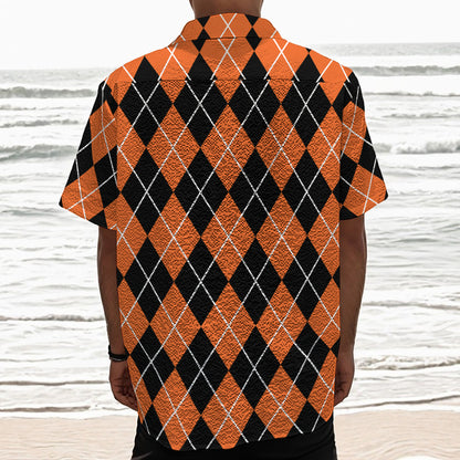 Orange And Black Argyle Print Textured Short Sleeve Shirt