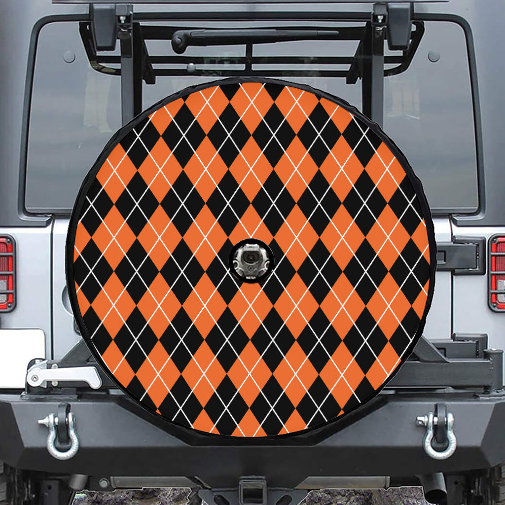 Orange And Black Argyle Print Tire Cover With Camera Hole