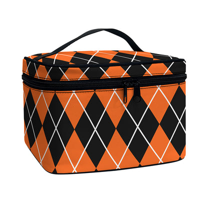 Orange And Black Argyle Print Travel Makeup Bag
