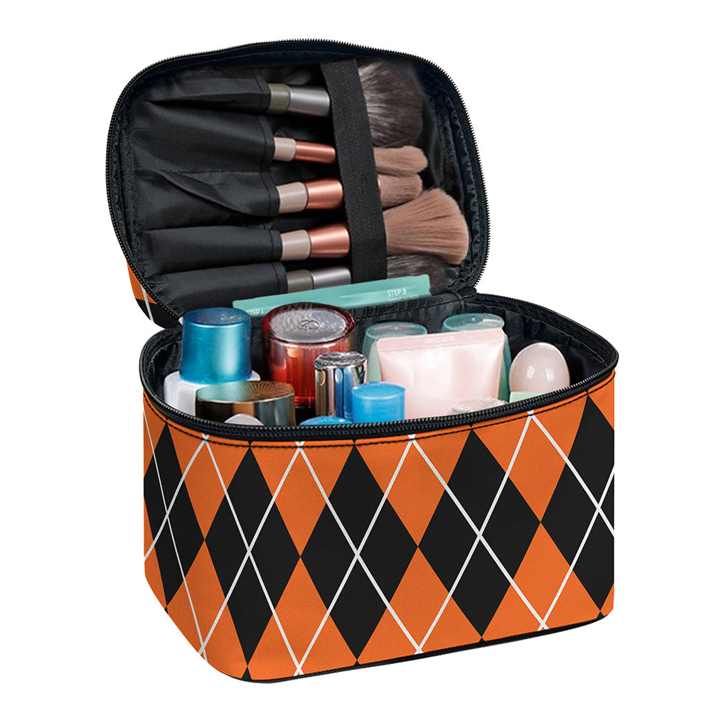 Orange And Black Argyle Print Travel Makeup Bag