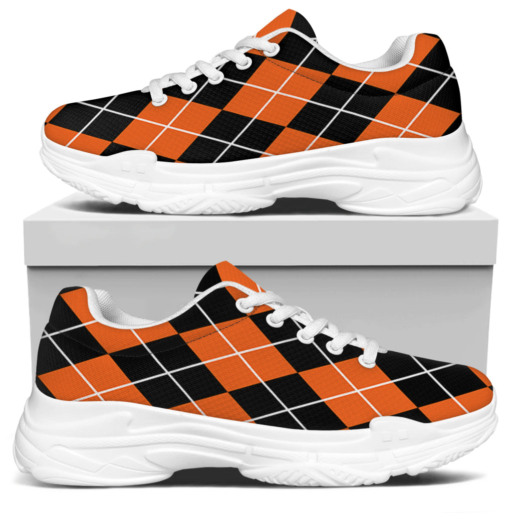 Orange And Black Argyle Print White Chunky Shoes
