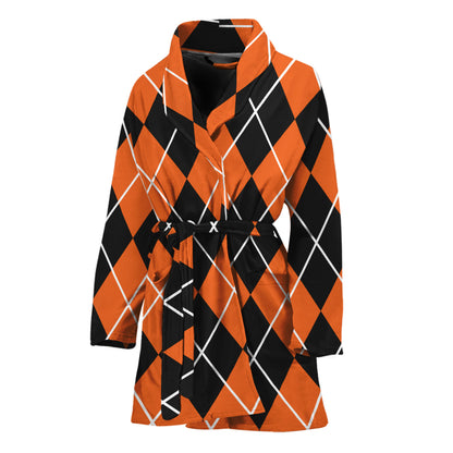 Orange And Black Argyle Print Women's Bathrobe