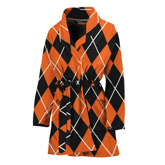 Orange And Black Argyle Print Women's Bathrobe