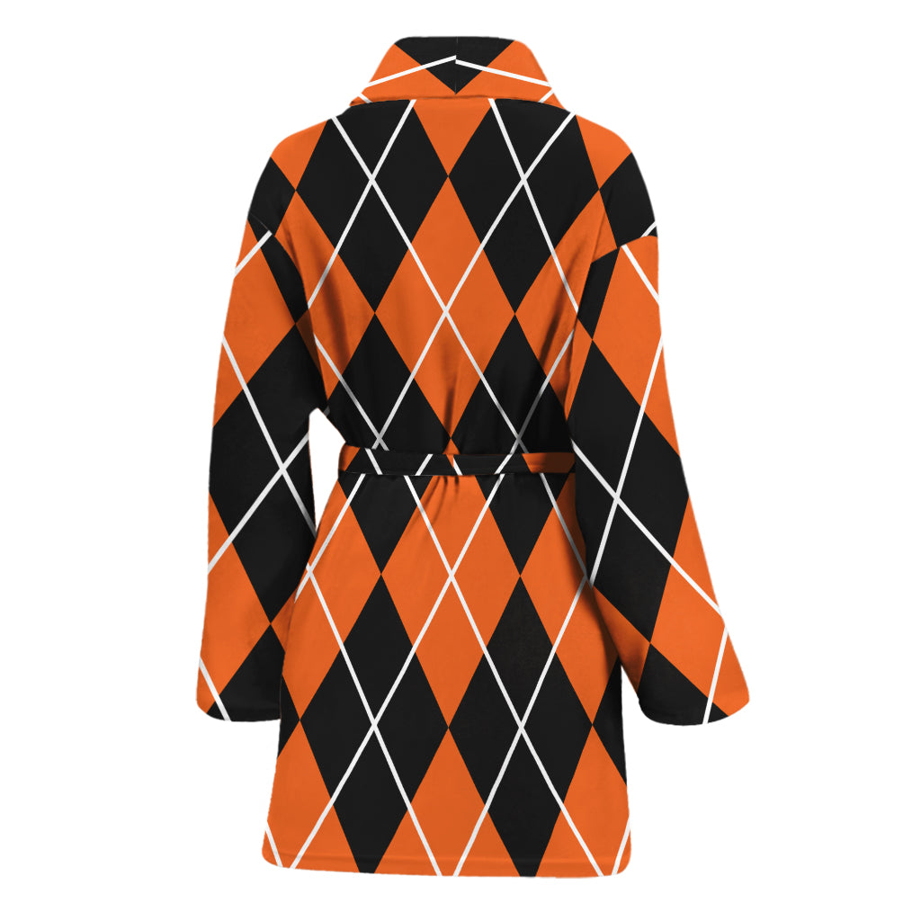 Orange And Black Argyle Print Women's Bathrobe