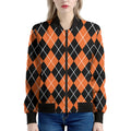 Orange And Black Argyle Print Women's Bomber Jacket